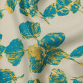 Ivory with Teal and Mustard Leaf Printed Cotton Lawn Fabric, 110 Cms Width, Made in India-D23558
