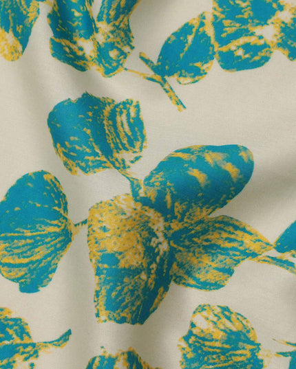 Ivory with Teal and Mustard Leaf Printed Cotton Lawn Fabric, 110 Cms Width, Made in India-D23558