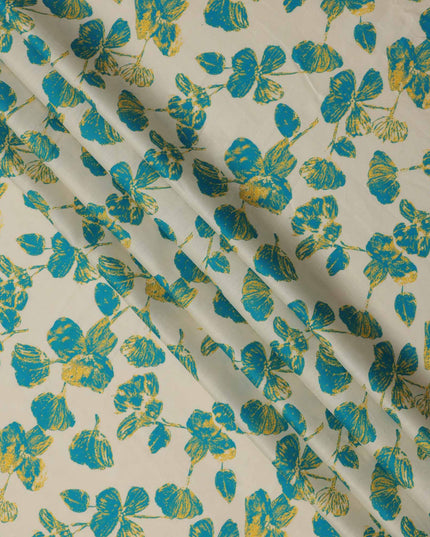 Ivory with Teal and Mustard Leaf Printed Cotton Lawn Fabric, 110 Cms Width, Made in India-D23558