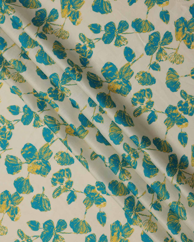 Ivory with Teal and Mustard Leaf Printed Cotton Lawn Fabric, 110 Cms Width, Made in India-D23558