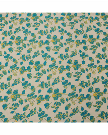 Ivory with Teal and Mustard Leaf Printed Cotton Lawn Fabric, 110 Cms Width, Made in India-D23558