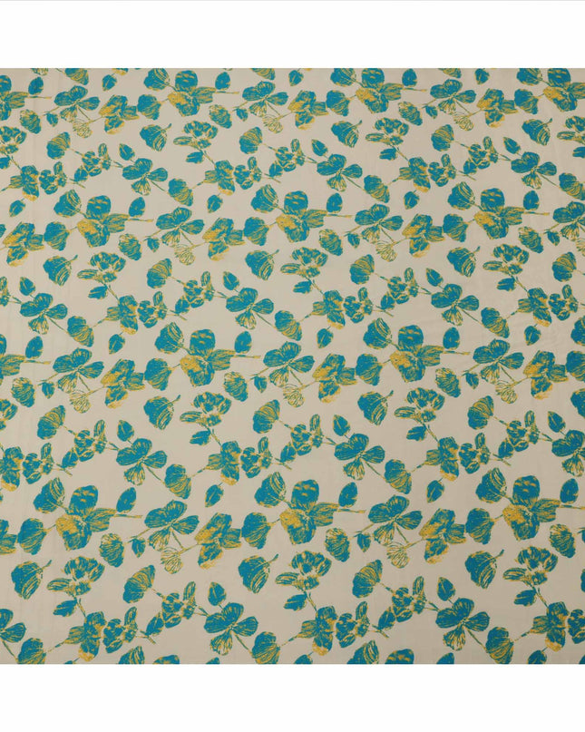 Ivory with Teal and Mustard Leaf Printed Cotton Lawn Fabric, 110 Cms Width, Made in India-D23558