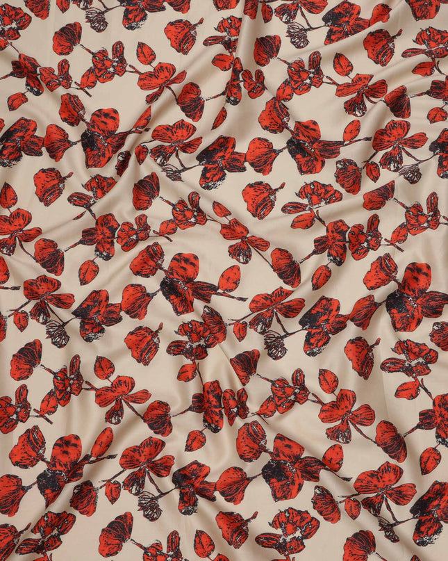 Beige with Red and Black Leaf Printed Cotton Lawn Fabric, 110 Cms Width, Made in India-D23559