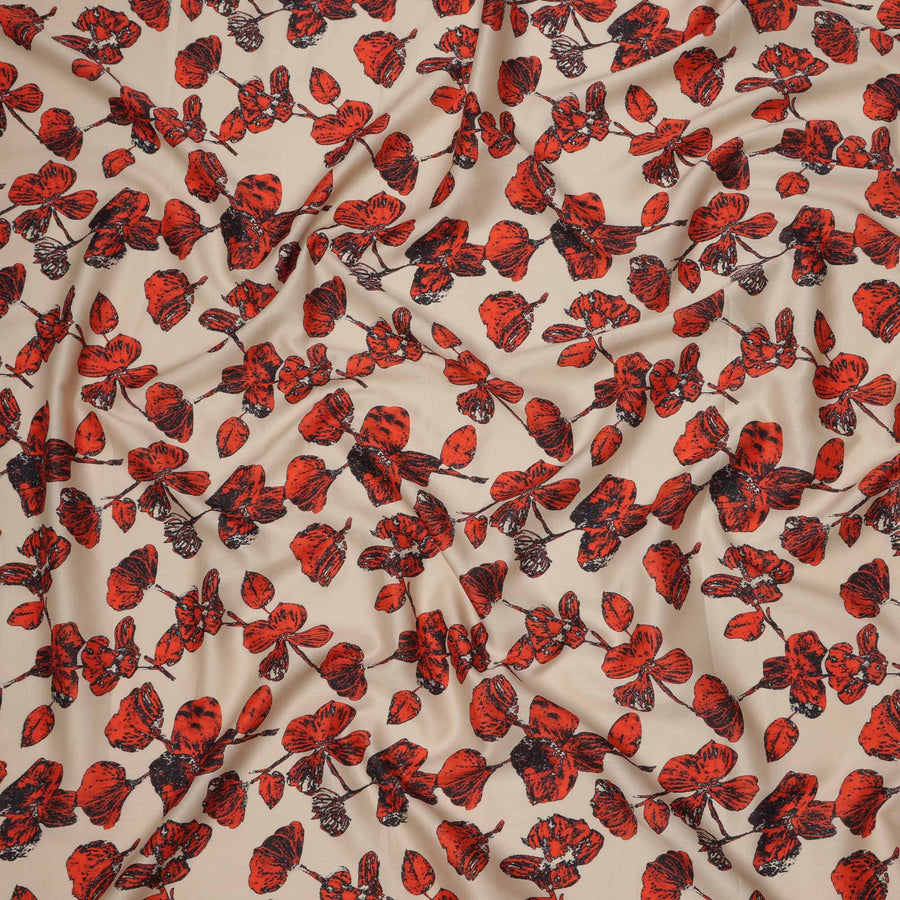 Beige with Red and Black Leaf Printed Cotton Lawn Fabric, 110 Cms Width, Made in India-D23559