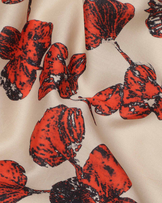Beige with Red and Black Leaf Printed Cotton Lawn Fabric, 110 Cms Width, Made in India-D23559