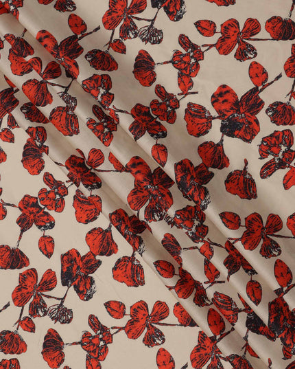 Beige with Red and Black Leaf Printed Cotton Lawn Fabric, 110 Cms Width, Made in India-D23559
