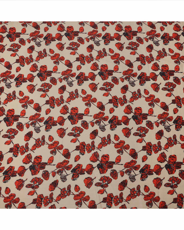 Beige with Red and Black Leaf Printed Cotton Lawn Fabric, 110 Cms Width, Made in India-D23559