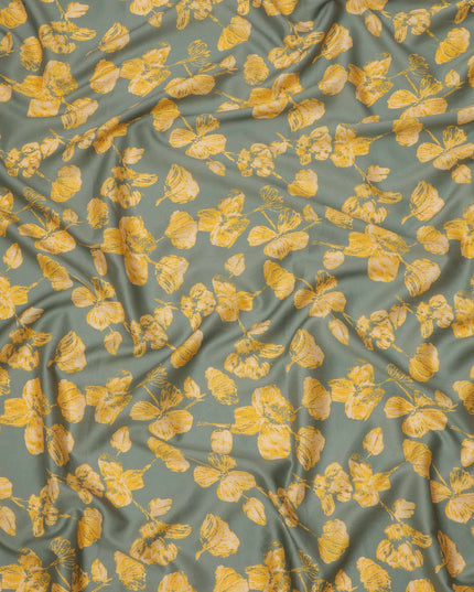 Sage Grey with Yellow Floral Leaf Printed Cotton Lawn Fabric, 110 Cms Width, Made in India-D23560