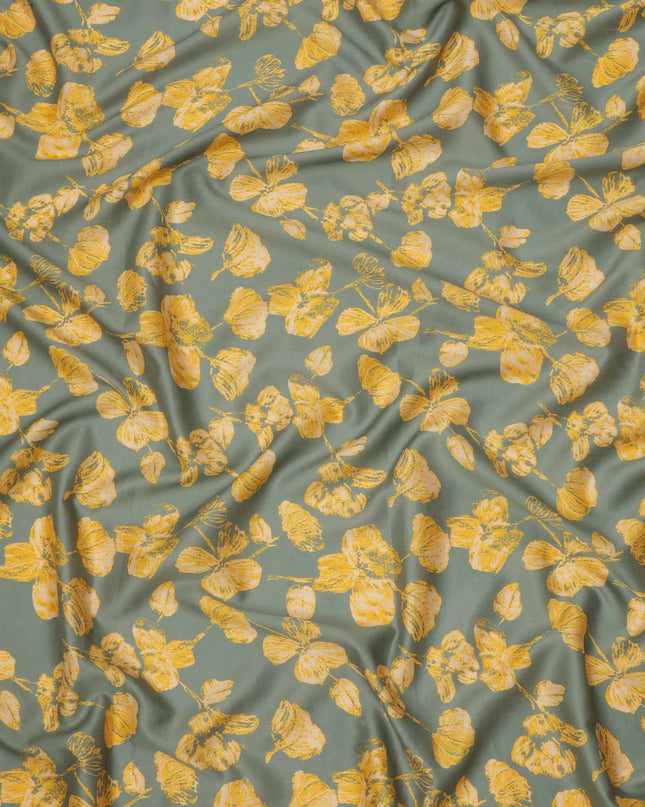 Sage Grey with Yellow Floral Leaf Printed Cotton Lawn Fabric, 110 Cms Width, Made in India-D23560