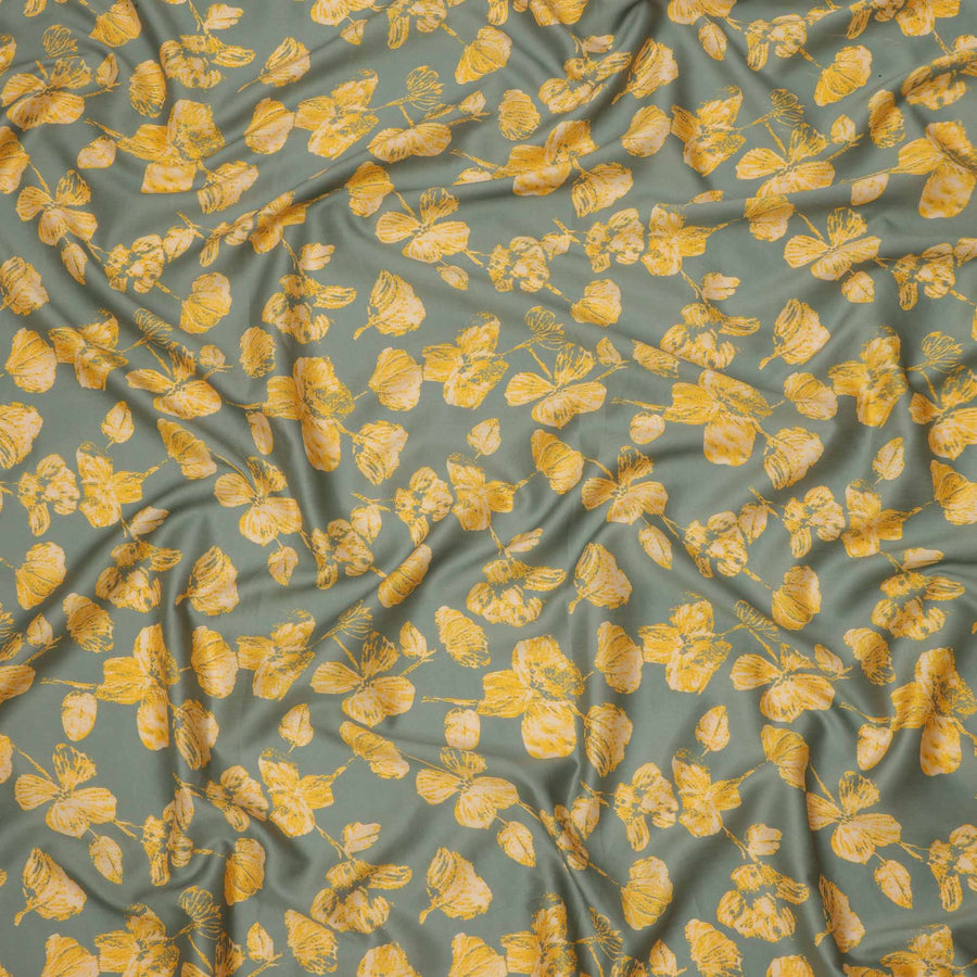 Sage Grey with Yellow Floral Leaf Printed Cotton Lawn Fabric, 110 Cms Width, Made in India-D23560