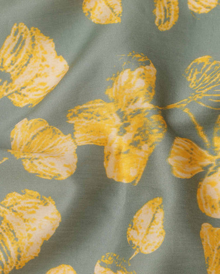 Sage Grey with Yellow Floral Leaf Printed Cotton Lawn Fabric, 110 Cms Width, Made in India-D23560
