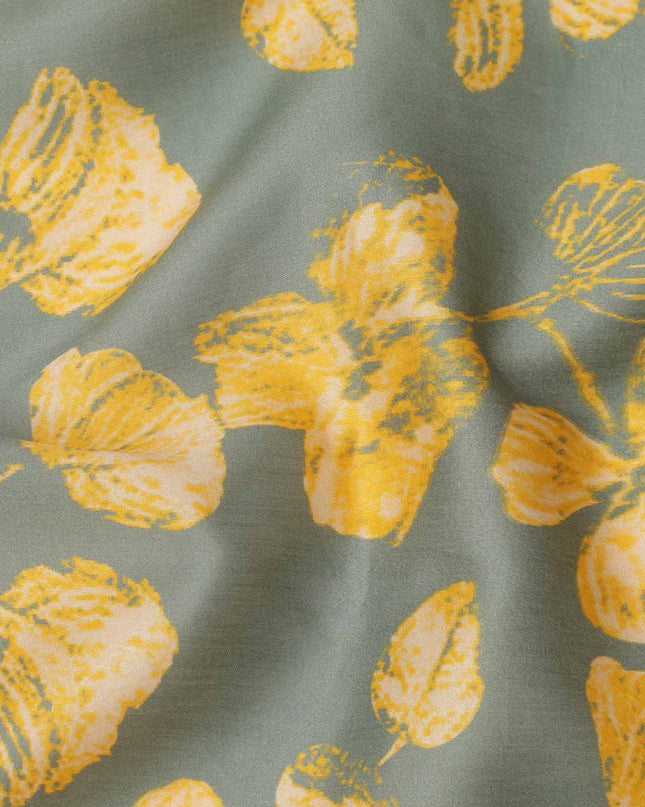 Sage Grey with Yellow Floral Leaf Printed Cotton Lawn Fabric, 110 Cms Width, Made in India-D23560