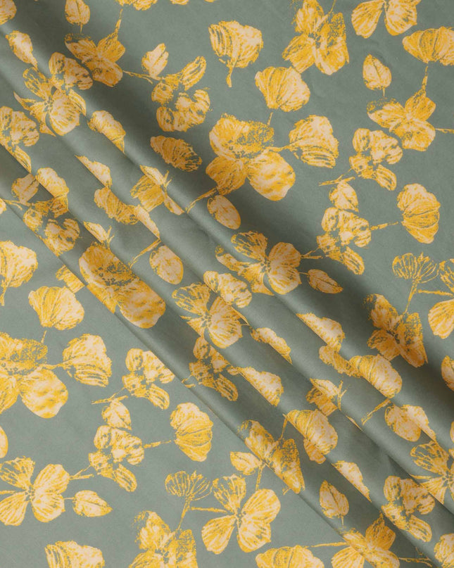 Sage Grey with Yellow Floral Leaf Printed Cotton Lawn Fabric, 110 Cms Width, Made in India-D23560