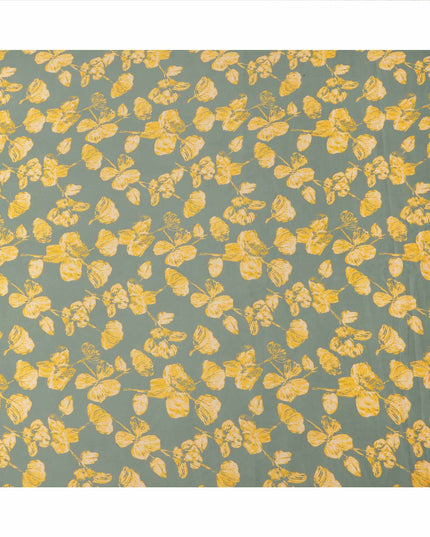 Sage Grey with Yellow Floral Leaf Printed Cotton Lawn Fabric, 110 Cms Width, Made in India-D23560