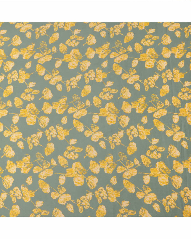 Sage Grey with Yellow Floral Leaf Printed Cotton Lawn Fabric, 110 Cms Width, Made in India-D23560