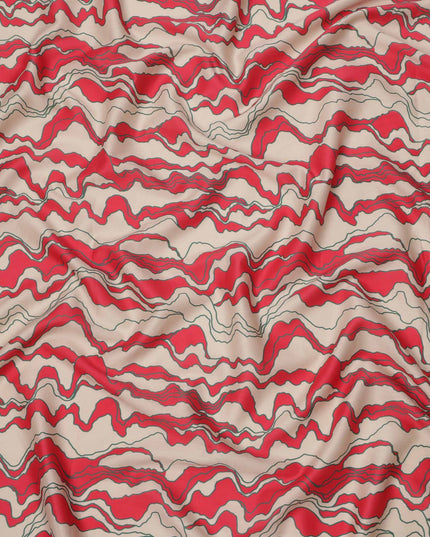 Beige with Red and Black Abstract Wave Printed Cotton Lawn Fabric, 110 Cms Width, Made in India-D23561