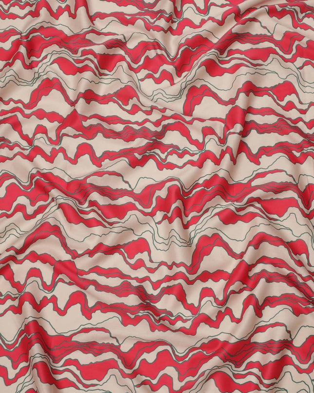 Beige with Red and Black Abstract Wave Printed Cotton Lawn Fabric, 110 Cms Width, Made in India-D23561