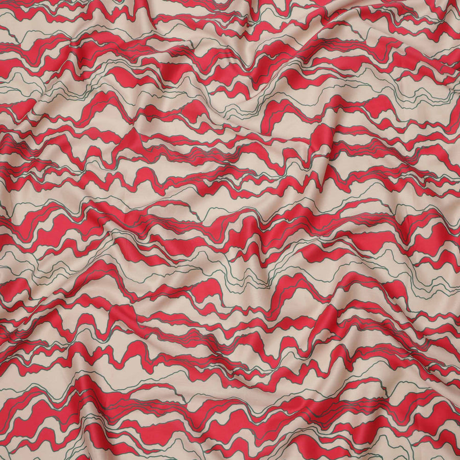 Beige with Red and Black Abstract Wave Printed Cotton Lawn Fabric, 110 Cms Width, Made in India-D23561