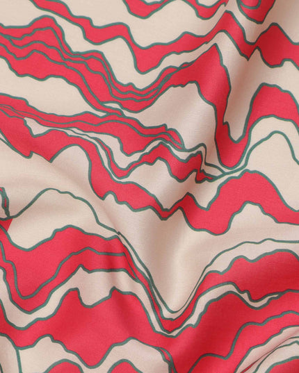 Beige with Red and Black Abstract Wave Printed Cotton Lawn Fabric, 110 Cms Width, Made in India-D23561