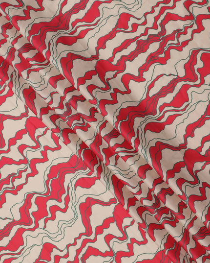 Beige with Red and Black Abstract Wave Printed Cotton Lawn Fabric, 110 Cms Width, Made in India-D23561