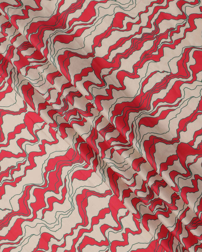 Beige with Red and Black Abstract Wave Printed Cotton Lawn Fabric, 110 Cms Width, Made in India-D23561
