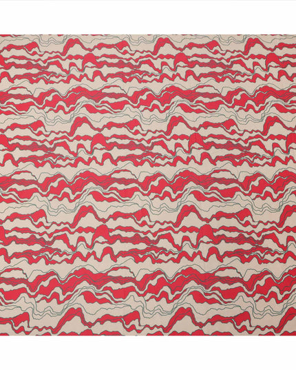Beige with Red and Black Abstract Wave Printed Cotton Lawn Fabric, 110 Cms Width, Made in India-D23561