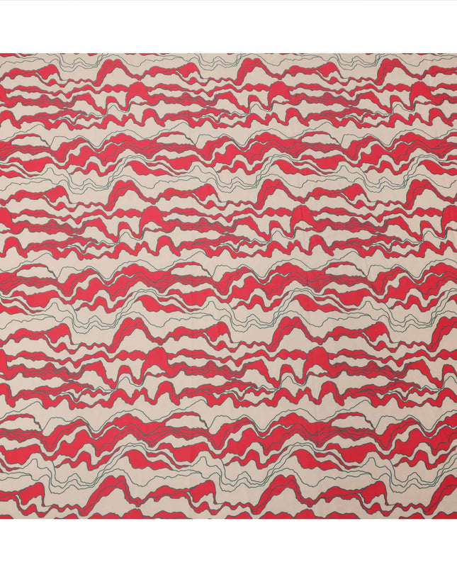 Beige with Red and Black Abstract Wave Printed Cotton Lawn Fabric, 110 Cms Width, Made in India-D23561