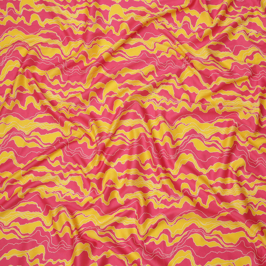 Pink and Yellow Abstract Wave Patterned Cotton Lawn Fabric, 110 Cms Width, Made in India-D23562