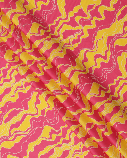 Pink and Yellow Abstract Wave Patterned Cotton Lawn Fabric, 110 Cms Width, Made in India-D23562