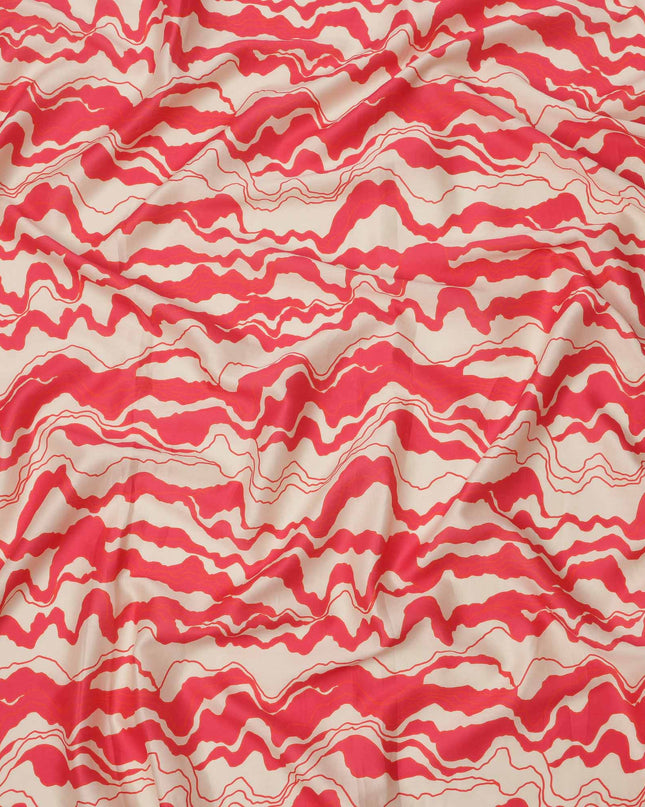 Beige with Red Abstract Wave Pattern Cotton Lawn Fabric, 110 Cms Width, Made in India-D23563