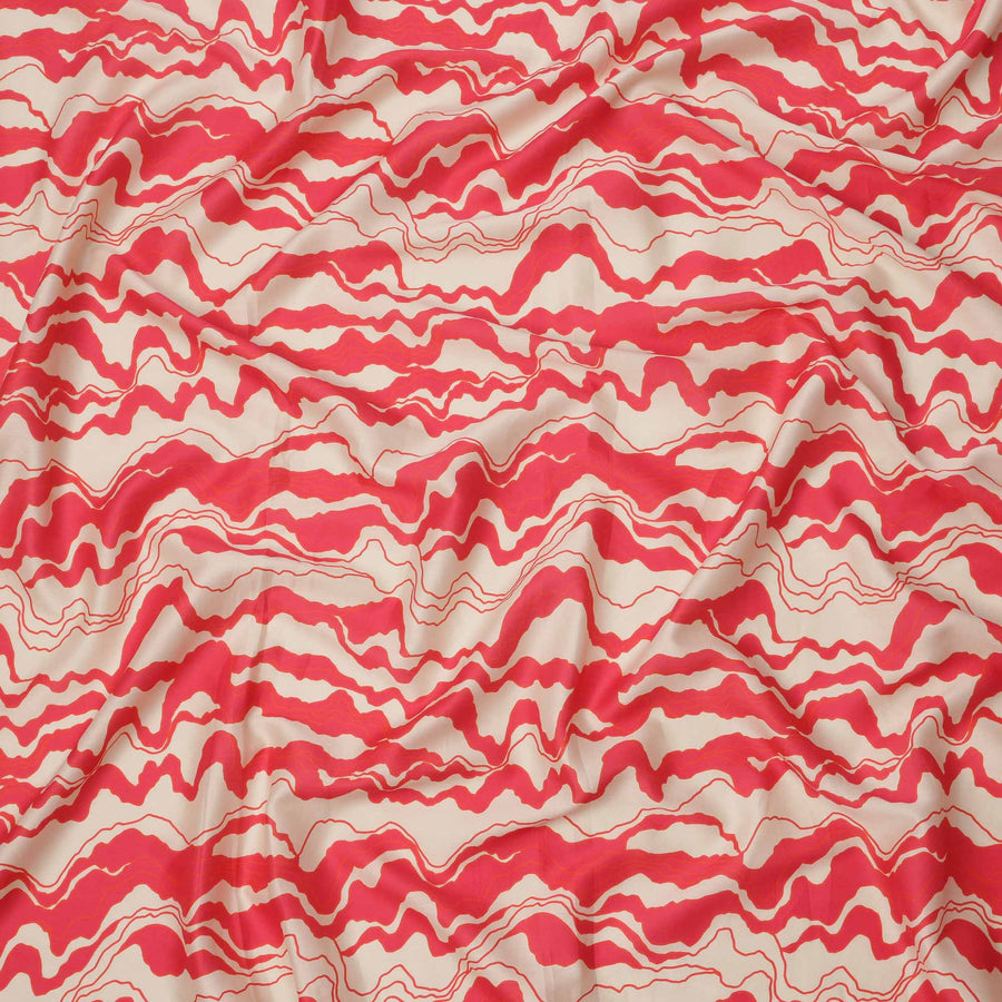 Beige with Red Abstract Wave Pattern Cotton Lawn Fabric, 110 Cms Width, Made in India-D23563