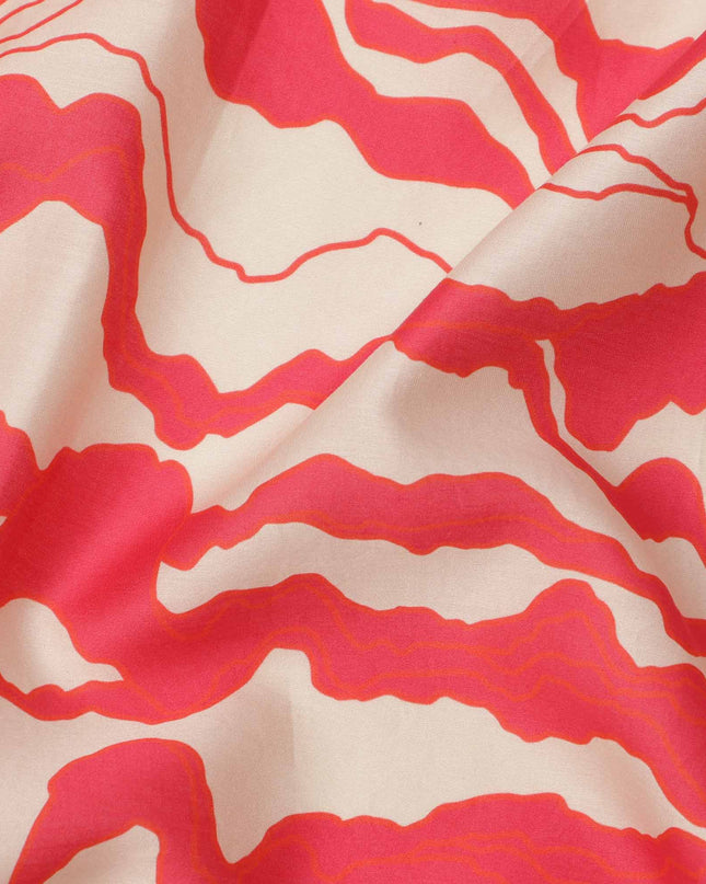 Beige with Red Abstract Wave Pattern Cotton Lawn Fabric, 110 Cms Width, Made in India-D23563