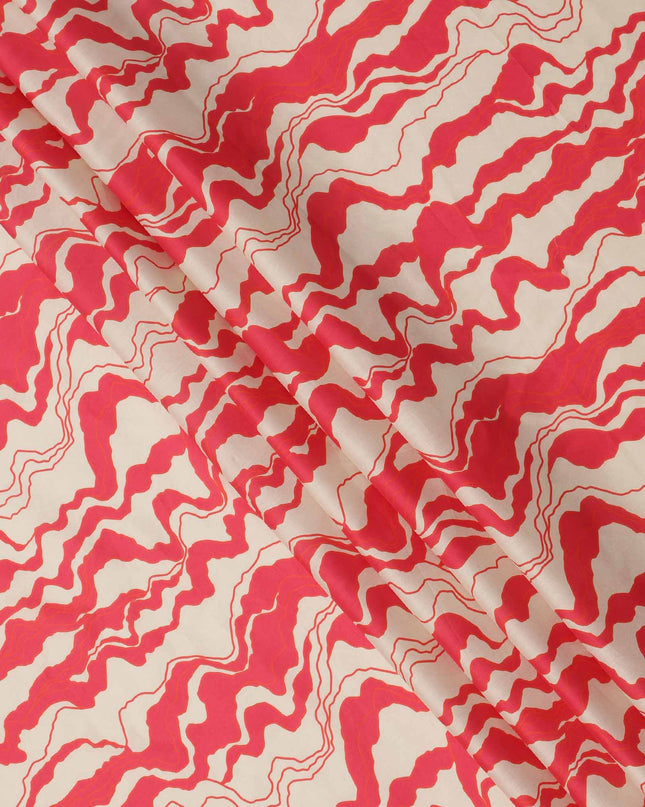 Beige with Red Abstract Wave Pattern Cotton Lawn Fabric, 110 Cms Width, Made in India-D23563