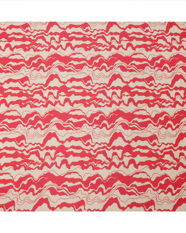 Beige with Red Abstract Wave Pattern Cotton Lawn Fabric, 110 Cms Width, Made in India-D23563