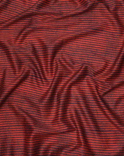 Rust Red with Black Horizontal Stripe Pattern Cotton Lawn Fabric, 110 Cms Width, Made in India-D23564