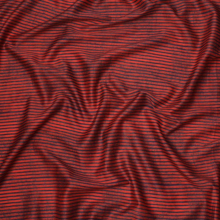Rust Red with Black Horizontal Stripe Pattern Cotton Lawn Fabric, 110 Cms Width, Made in India-D23564