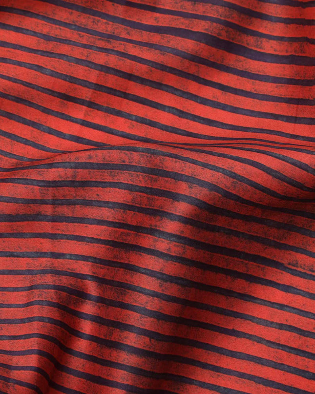 Rust Red with Black Horizontal Stripe Pattern Cotton Lawn Fabric, 110 Cms Width, Made in India-D23564