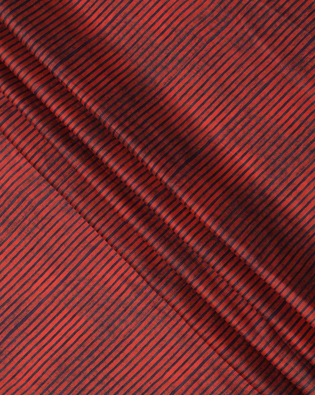 Rust Red with Black Horizontal Stripe Pattern Cotton Lawn Fabric, 110 Cms Width, Made in India-D23564
