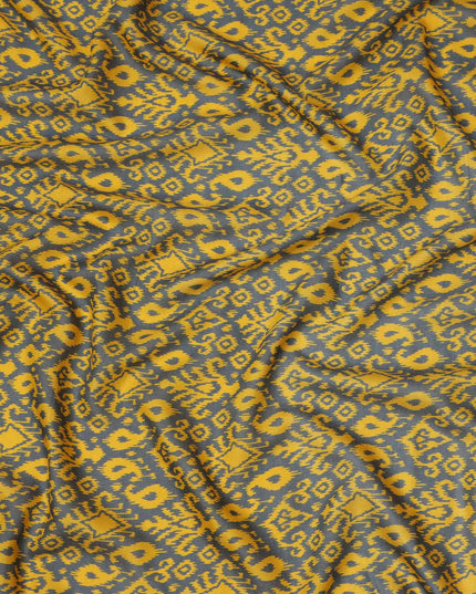 Charcoal Grey and Mustard Yellow Ikat Inspired Geometric Print Cotton Lawn Fabric, 110 Cms Width, Made in India-D23569