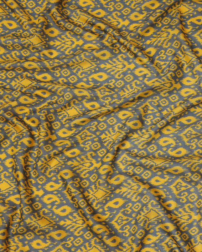Charcoal Grey and Mustard Yellow Ikat Inspired Geometric Print Cotton Lawn Fabric, 110 Cms Width, Made in India-D23569