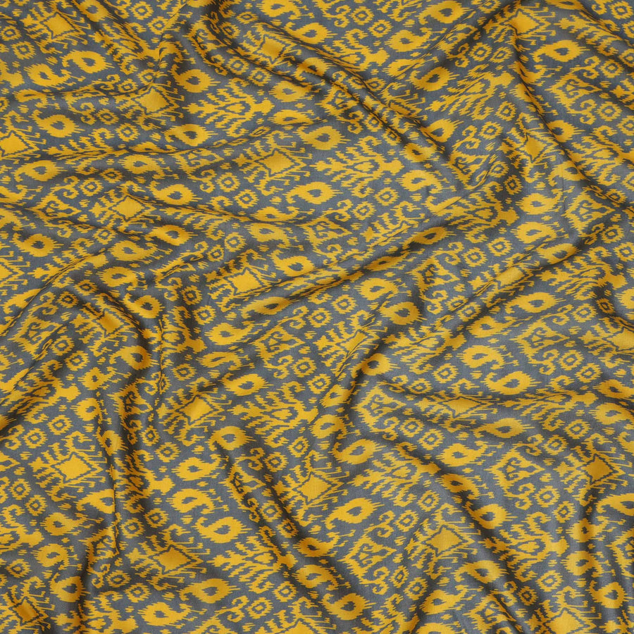Charcoal Grey and Mustard Yellow Ikat Inspired Geometric Print Cotton Lawn Fabric, 110 Cms Width, Made in India-D23569
