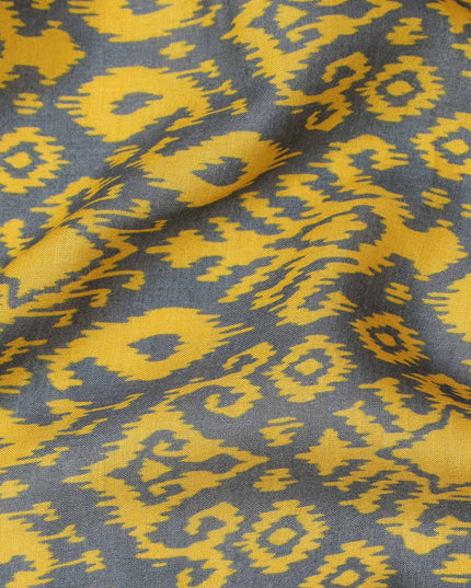 Charcoal Grey and Mustard Yellow Ikat Inspired Geometric Print Cotton Lawn Fabric, 110 Cms Width, Made in India-D23569