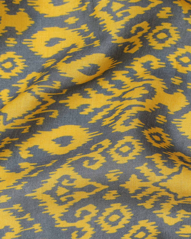 Charcoal Grey and Mustard Yellow Ikat Inspired Geometric Print Cotton Lawn Fabric, 110 Cms Width, Made in India-D23569