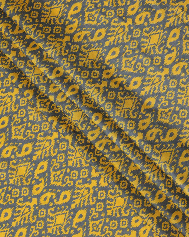 Charcoal Grey and Mustard Yellow Ikat Inspired Geometric Print Cotton Lawn Fabric, 110 Cms Width, Made in India-D23569