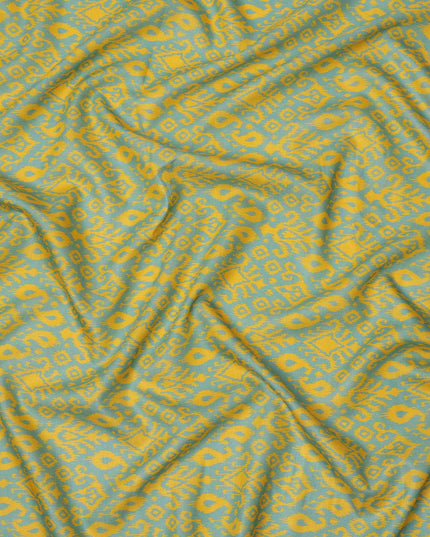 Mint Green and Yellow Ikat Inspired Geometric Print Cotton Lawn Fabric, 110 Cms Width, Made in India-D23570