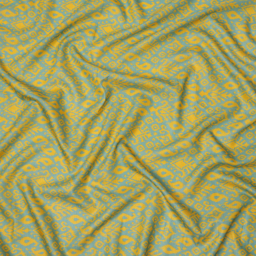 Mint Green and Yellow Ikat Inspired Geometric Print Cotton Lawn Fabric, 110 Cms Width, Made in India-D23570