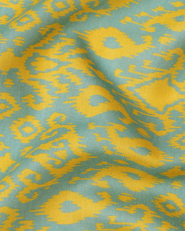 Mint Green and Yellow Ikat Inspired Geometric Print Cotton Lawn Fabric, 110 Cms Width, Made in India-D23570