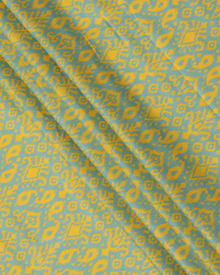 Mint Green and Yellow Ikat Inspired Geometric Print Cotton Lawn Fabric, 110 Cms Width, Made in India-D23570