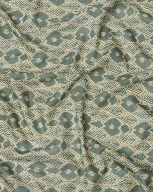Sage Green and Beige Ikat Inspired Floral Geometric Print Cotton Lawn Fabric, 110 Cms Width, Made in India-D23573