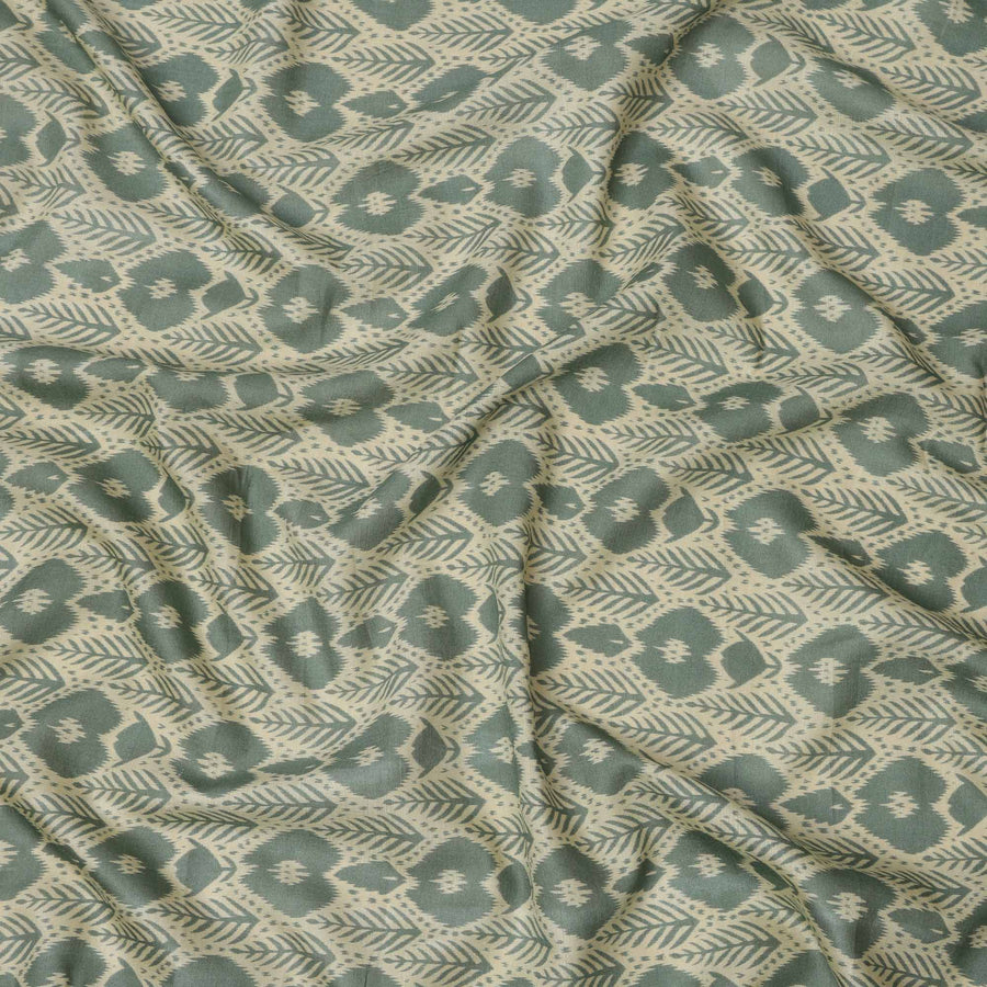 Sage Green and Beige Ikat Inspired Floral Geometric Print Cotton Lawn Fabric, 110 Cms Width, Made in India-D23573
